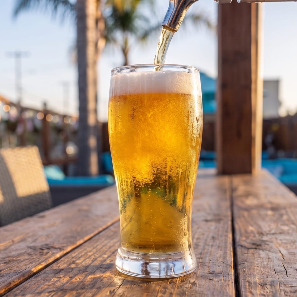 Beer being poured into a glass on a rustic wooden table at an outdoor patio bar.