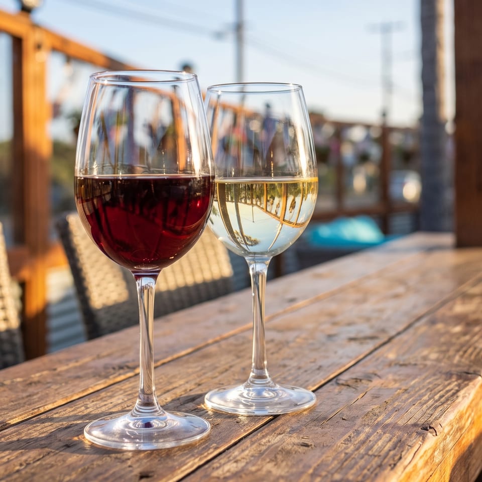 Red and white wine glasses on a rustic wooden table at an outdoor restaurant patio.