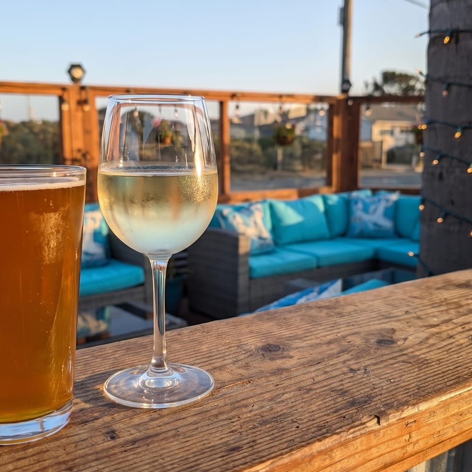 Beer and white wine on a wooden bar overlooking an outdoor patio with blue cushions.