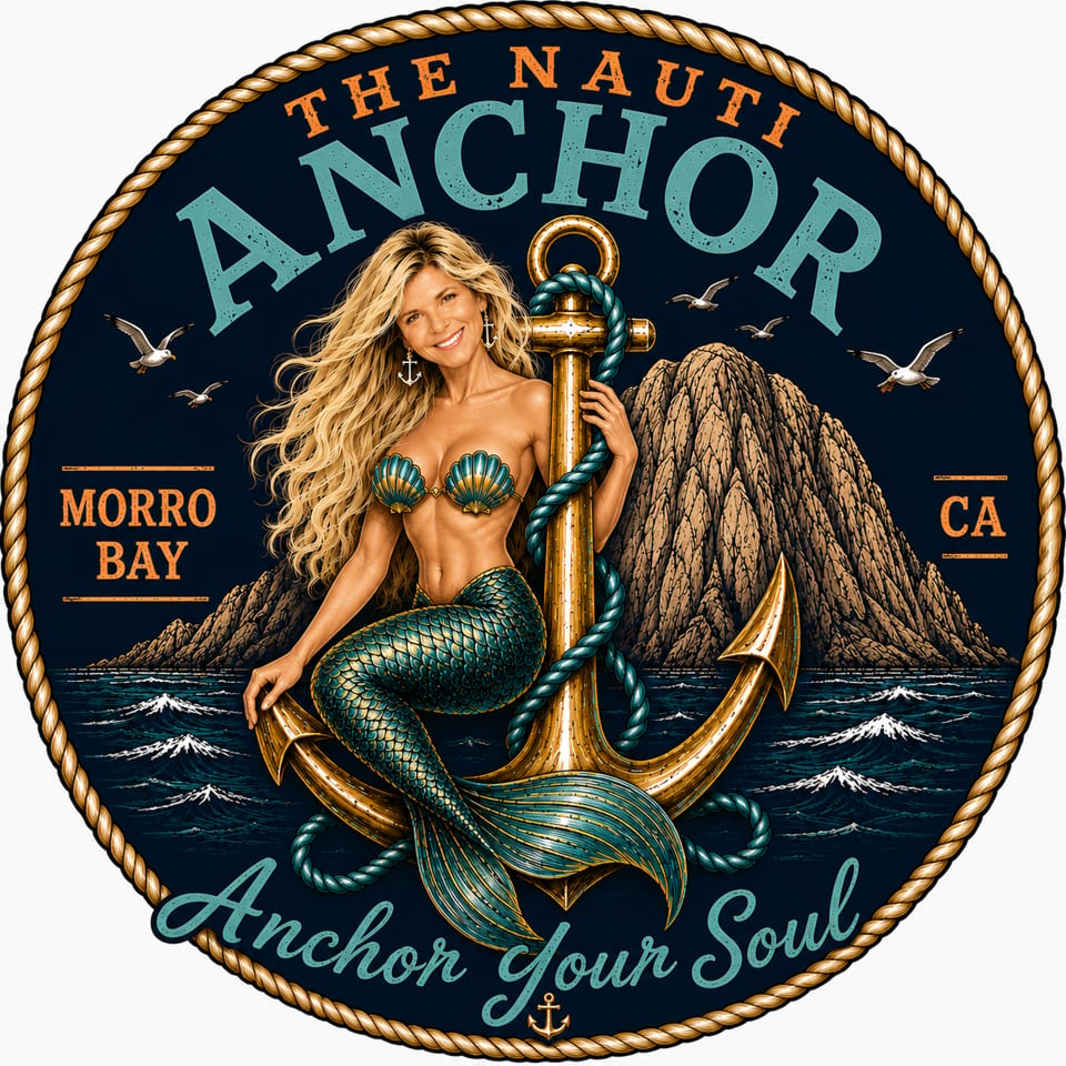 The Nauti Anchor logo shows a mermaid on a golden anchor with a rocky island and seagulls.