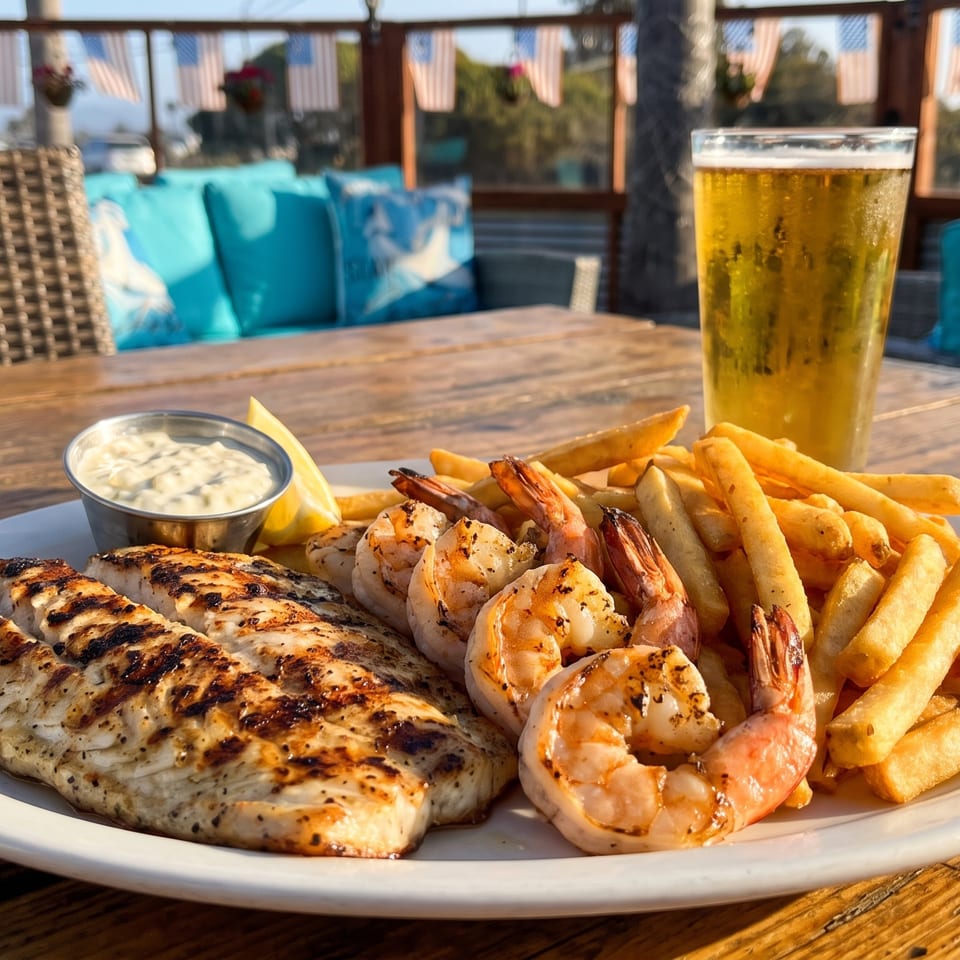 Grilled fish and shrimp with french fries, tartar sauce, and a beer on a wooden outdoor table.