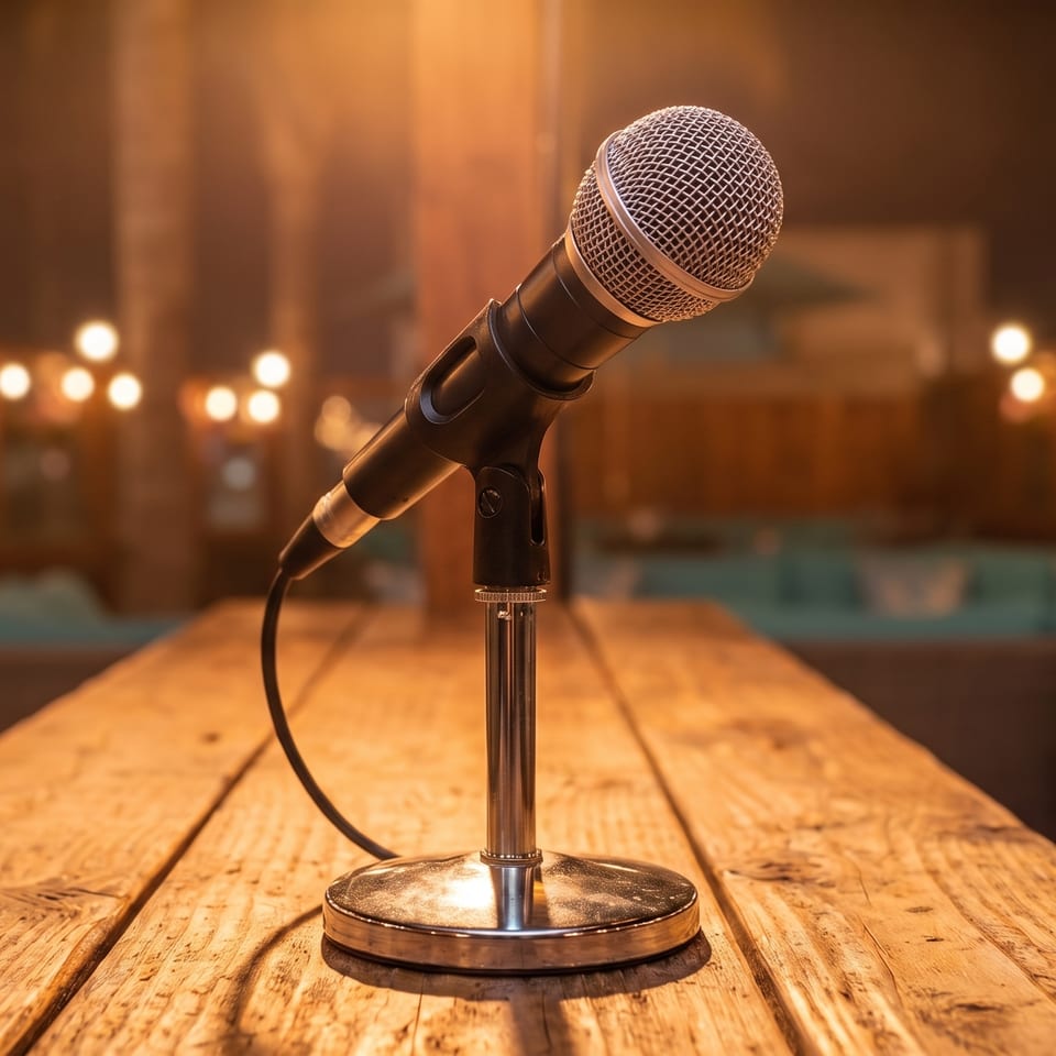 Microphone on a wooden table with string lights and outdoor seating in the background at night.